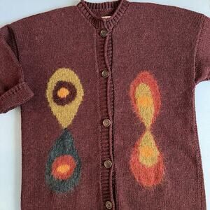 Vintage Su-Zen Wool Red Purple Artsy Colorful Geometric Cardigan Sweater